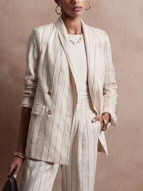Banana Republic Cream Pinstripe Linen Double Breasted Pantsuit Blazer & Pants 4